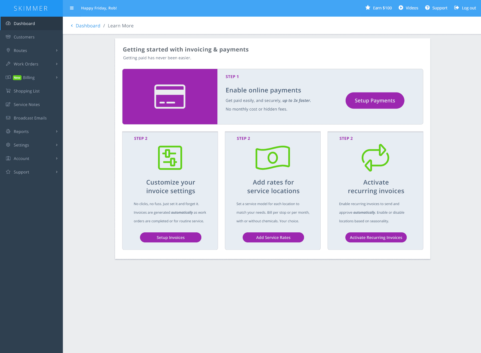 Skimmer invoicing and payments onboarding screenshot